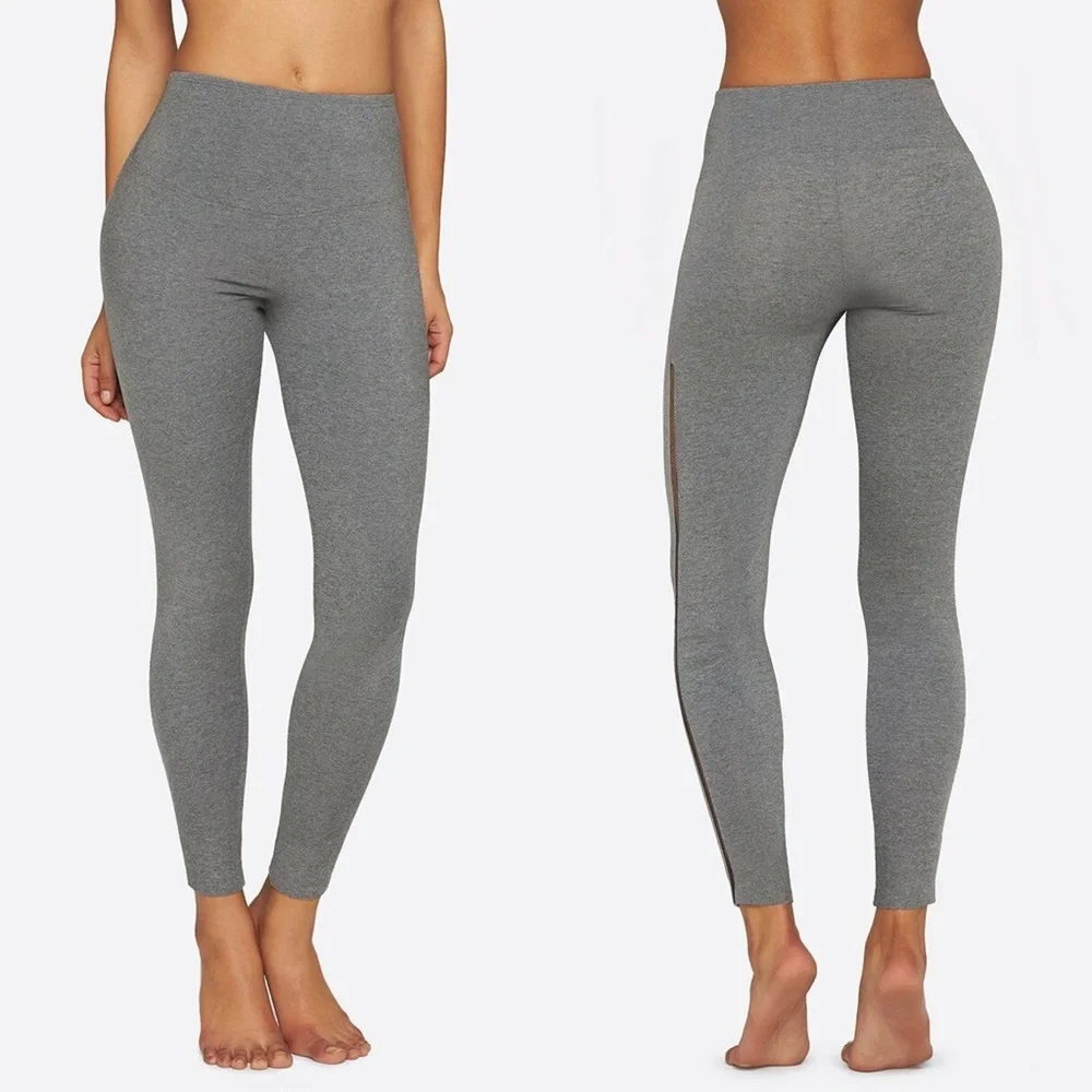 High Waisted Heather Gray Leggings with‎ Mesh Side Stripe Detail Slim Fit Active